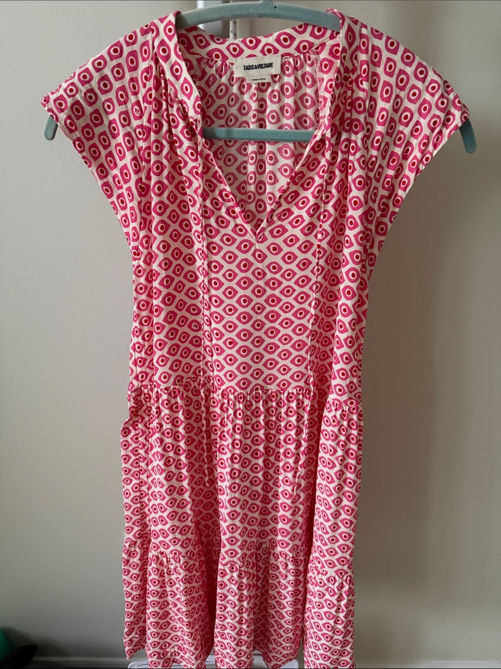 Zadig & Voltaire Rito Pink Geo-Print Tiered V-Neck mini Dress, XS